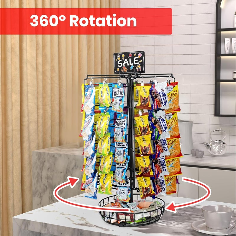 vefix Chip Rack Display Stand, 5 Tiers 60 Clips Snack Retail Display Rack, 360° Rotation Snack Retail Display Rack, Potato Chip Rack, Candy Display Rack, Chip Holder-with Basket - Image 2